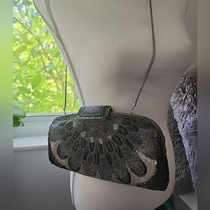 Vintage 1980's Black & Silver All Over Glass Beaded Evening Clutch.